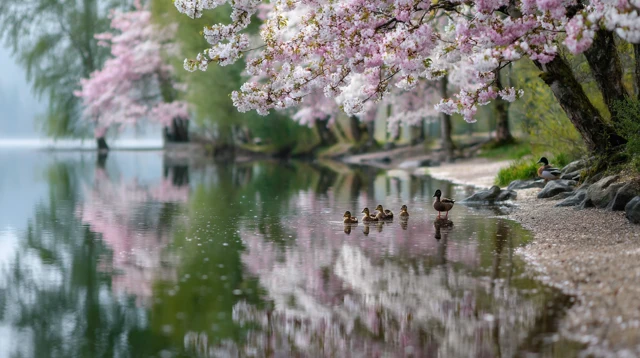 Cherry Blossom Lake Ducks Spring Scene