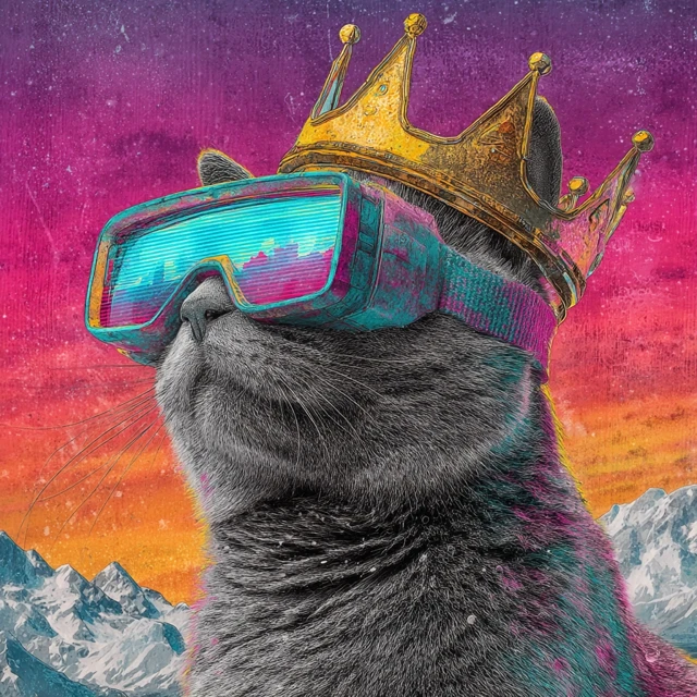 Cool Cat with Crown and VR Glasses Synthwave Art