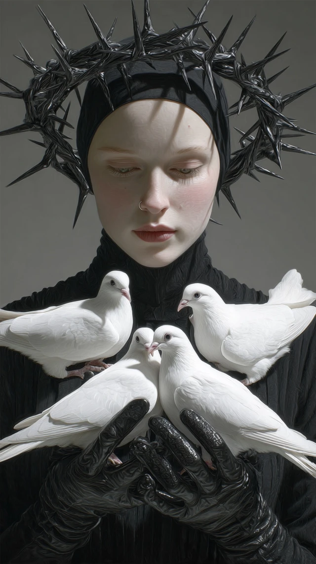 Woman with Birds and Thorns Photorealistic Portrait