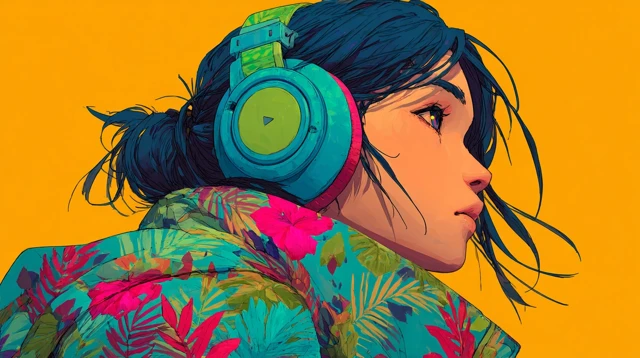 Cute Woman with Headset Tropical Colors Art