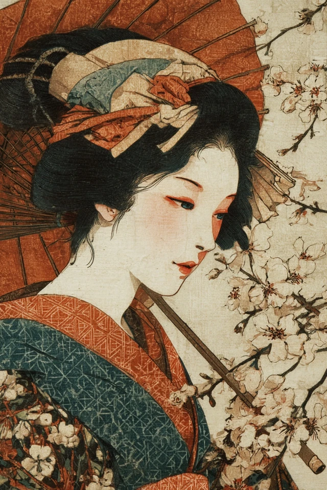 Geisha Under Cherry Blossoms Ukiyo e Style