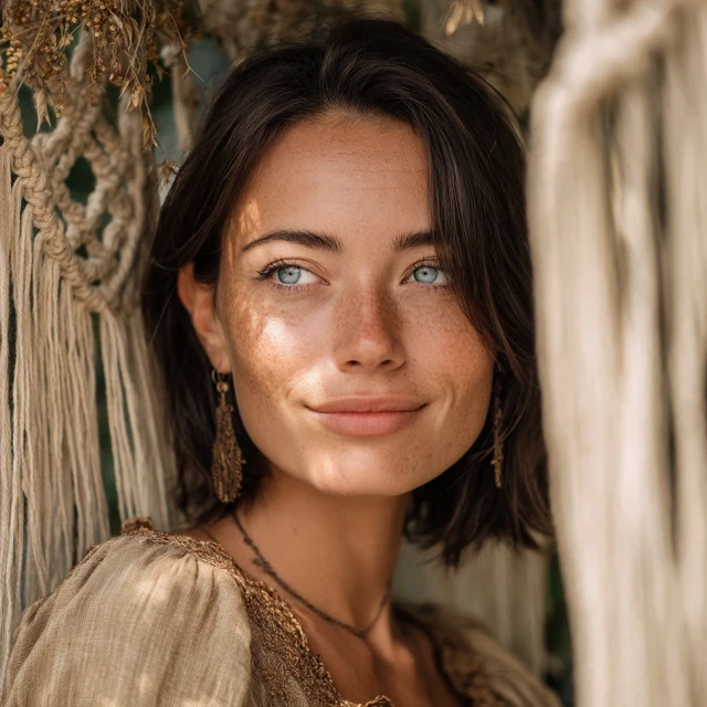 Beautiful Woman with Blue Eyes Boho Portrait