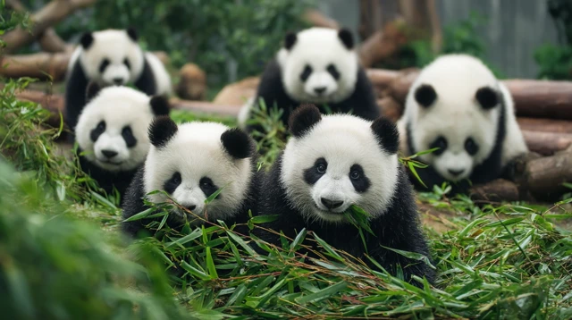 Pandas Eating Bamboo and Playing in the Green Grass