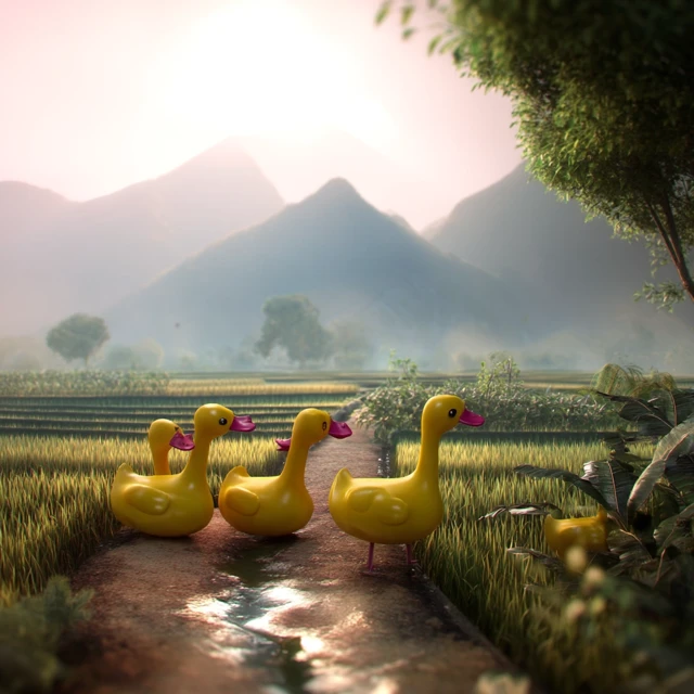 Rubber Ducks on a Road Tropical Paradise Landscape