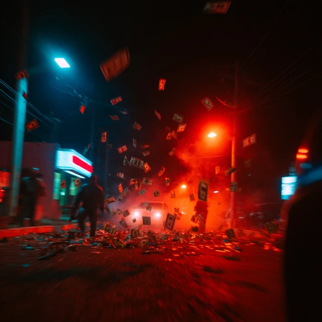 City Gunfight Action Scene with Dollars in the Air