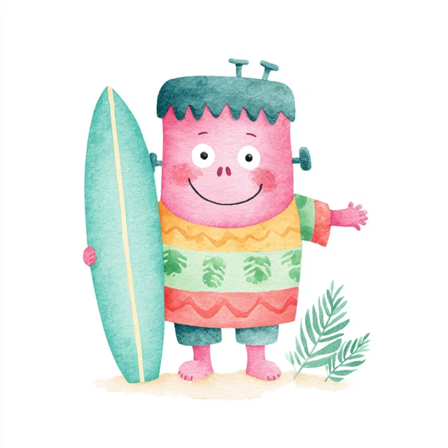Frankenstein Monster Surfing Watercolor Illustration
