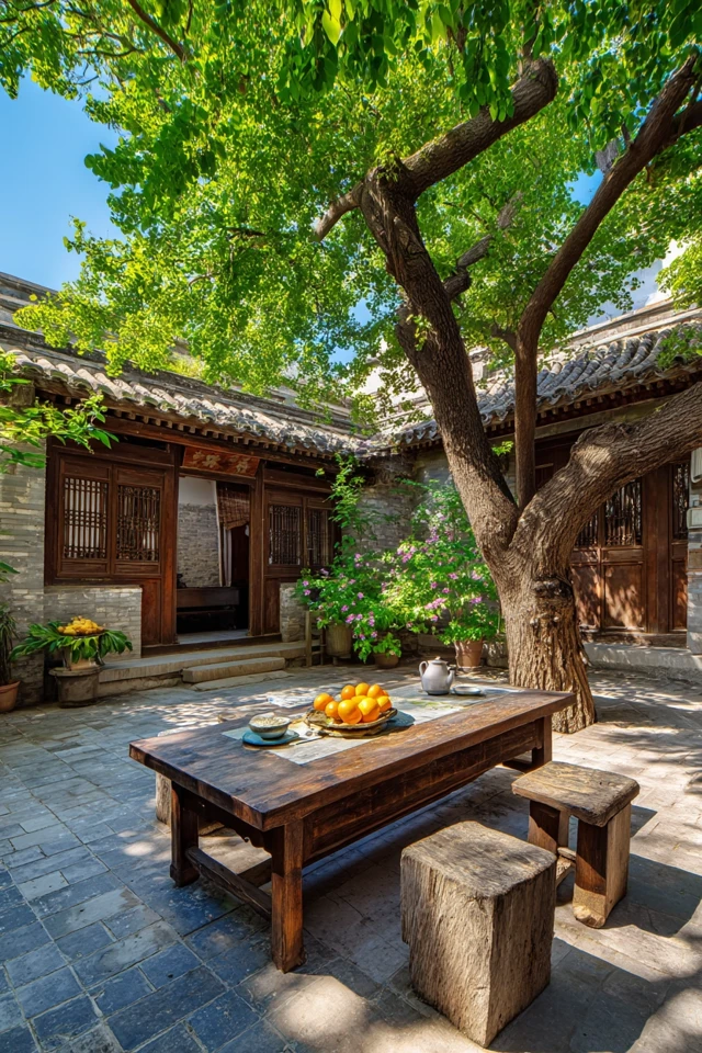 Chinese Courtyard Summer Tea Time Under a Ginkgo Tree