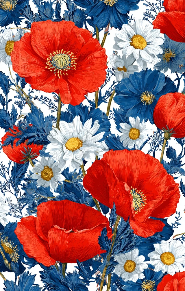 Red White and Blue Floral Pattern Poppies and Daisies