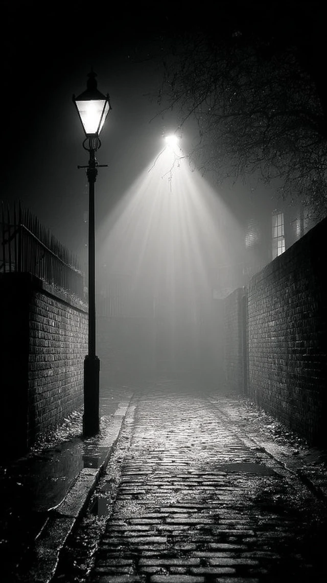 Victorian London Alley Cinematic Scene Foggy Street Lights