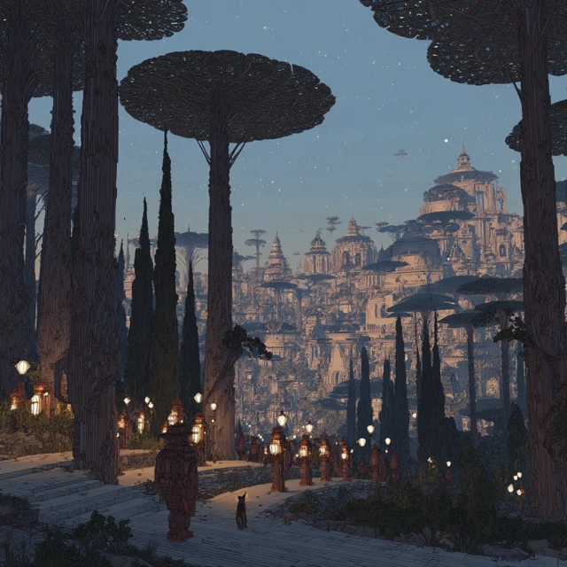Ancient Temple Robots and Cat Twilight Scene