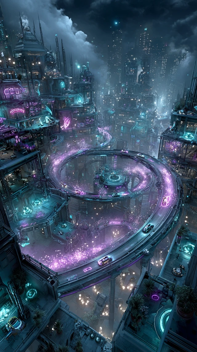 Cyberpunk Racetrack Above a Neon City Skyline