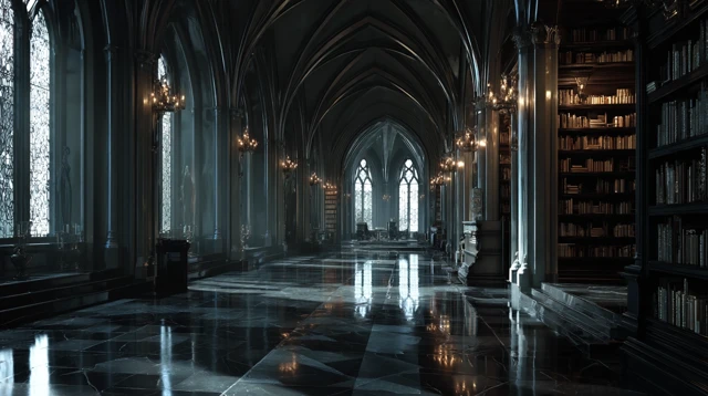 Gothic Library Interior Realistic Cinematic