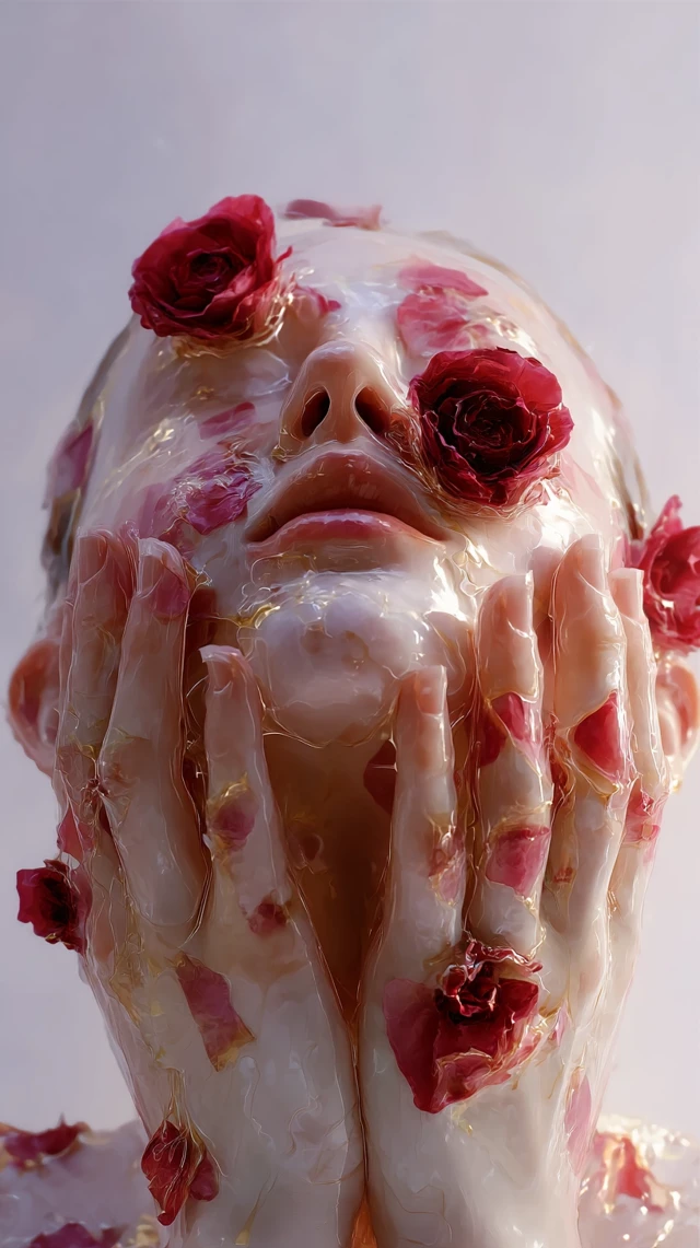Woman Face With Roses in Viscous Substance