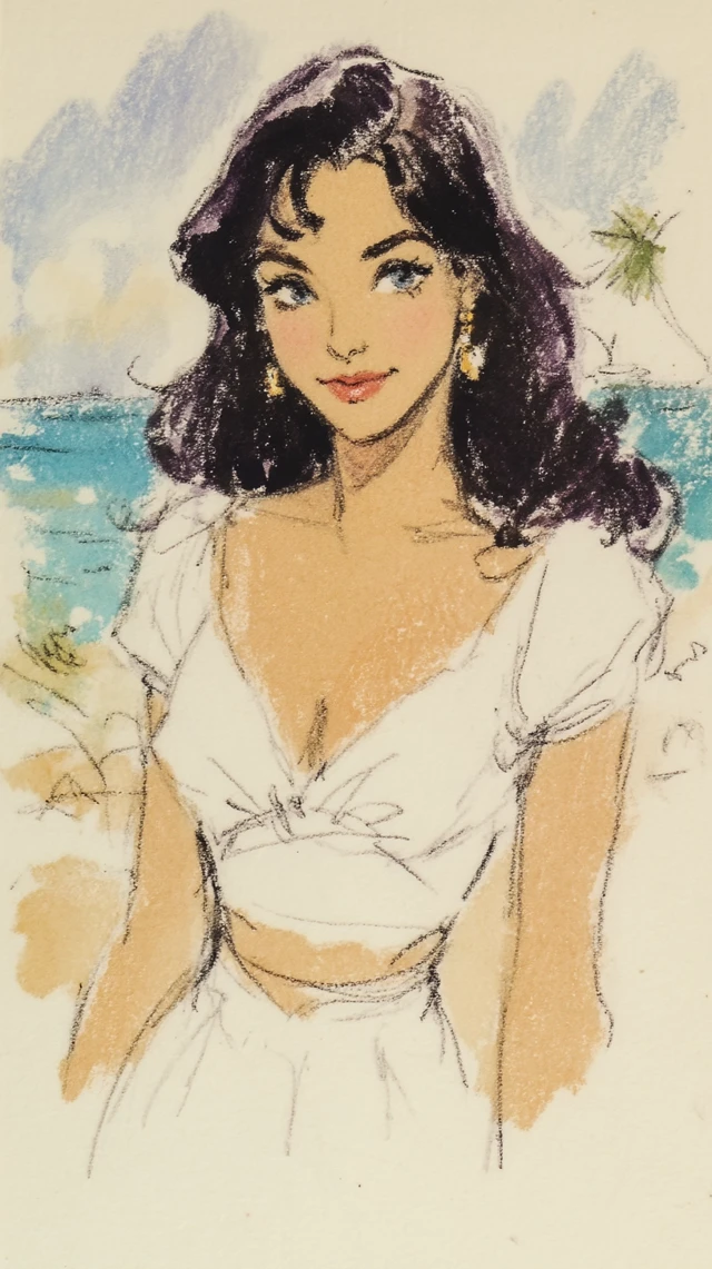 Asian Woman Portrait Beach Don Bluth Style