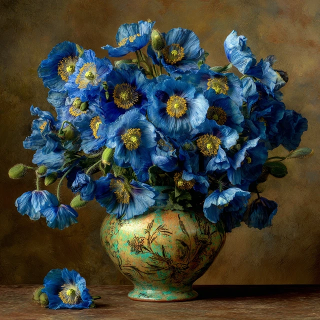 Blue Poppy Flowers in Vase Van Gogh Style Painting