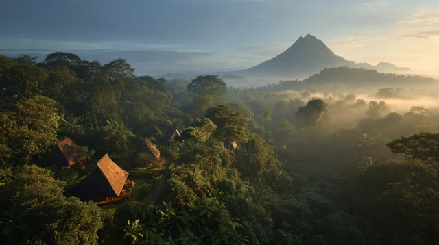 Indonesian Village Drone Shot Mountain Scenery Golden Light