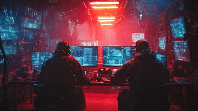 Cyber Battle Epic Scene Red vs Blue Futuristic Warfare