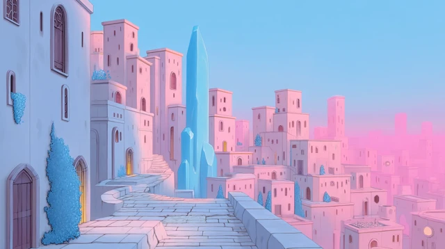 Anime Cityscape with Cyan Crystal and Surreal Atmosphere