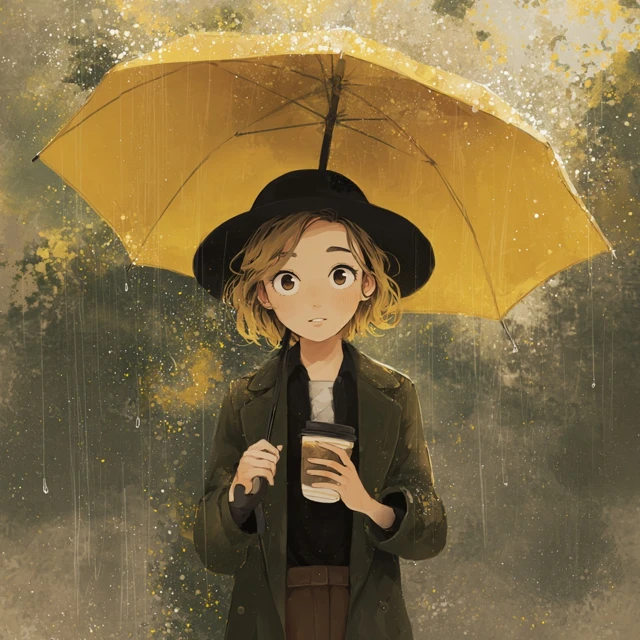 Rainy Day Illustration Woman with Umbrella and Coffee