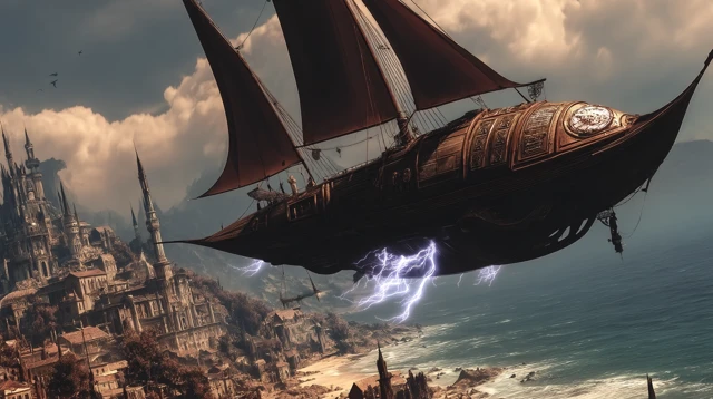 Fantasy Airship Soaring Over a Coastal City