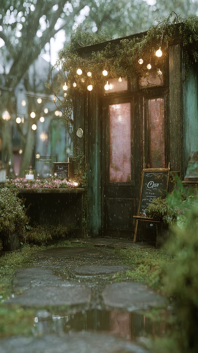 Cozy Cafe in a Misty Forest Magical and Peaceful Scene