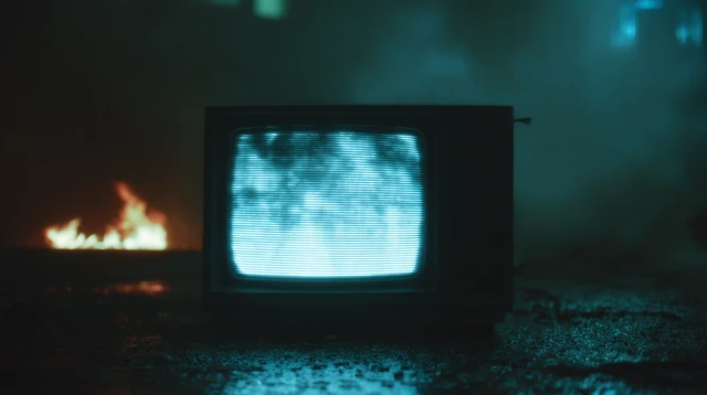 Mysterious TV Static in Burning Scene Cinematic Still