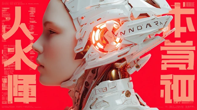 Cyberpunk Portrait Woman with Mech Ear Japanese Kanji