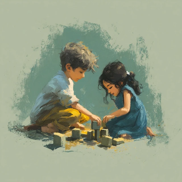 Kids Playing Together Building Blocks