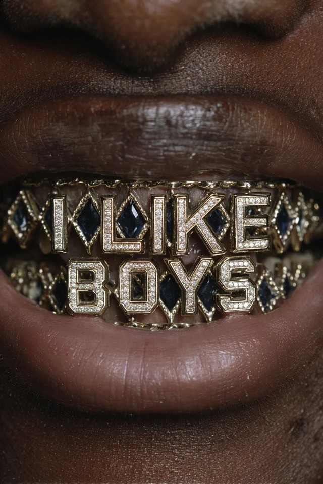 Diamond Grill I LIKE BOYS Gold Letters Closeup