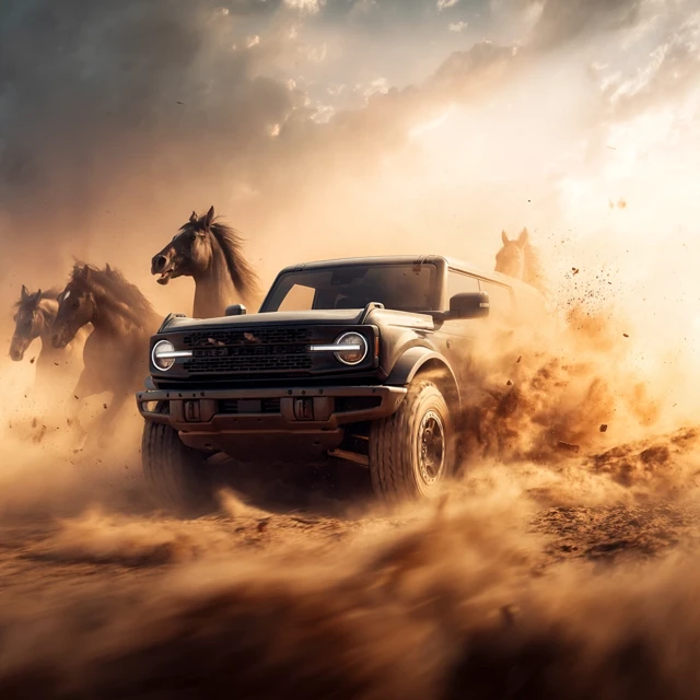 OffRoad SUV and Galloping Horses Desert Scene