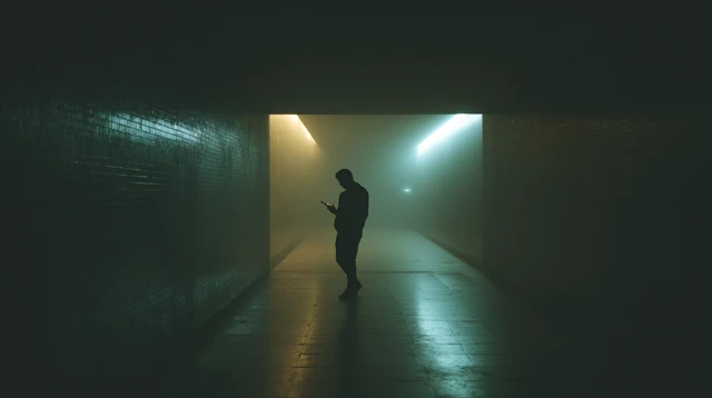 Man in Dark Hallway Using Phone Light