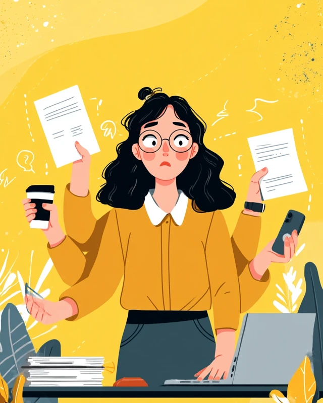 Overwhelmed Woman Multitasking Cartoon Illustration