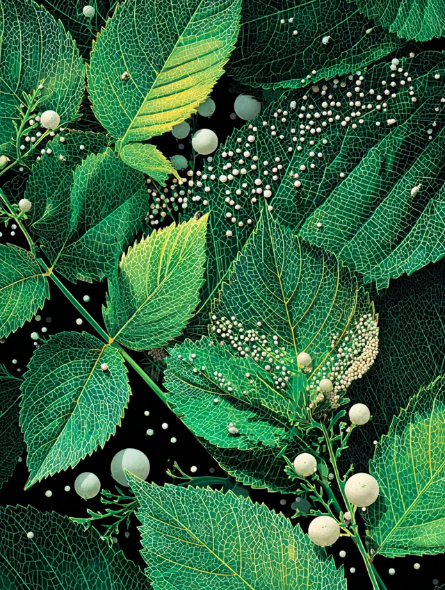 Green Leaves with White Insect Eggs Close Up