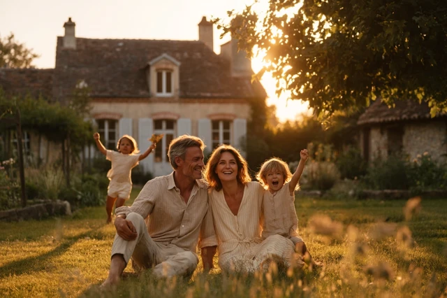 Family Sunset in Countryside Home Peaceful Moment