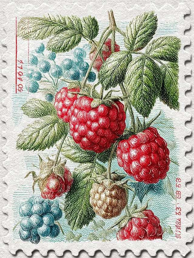 Raspberry Postage Stamp Art Retro Illustration