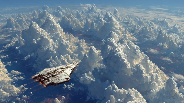 Spaceship Flying Through the Clouds Futuristic SciFi
