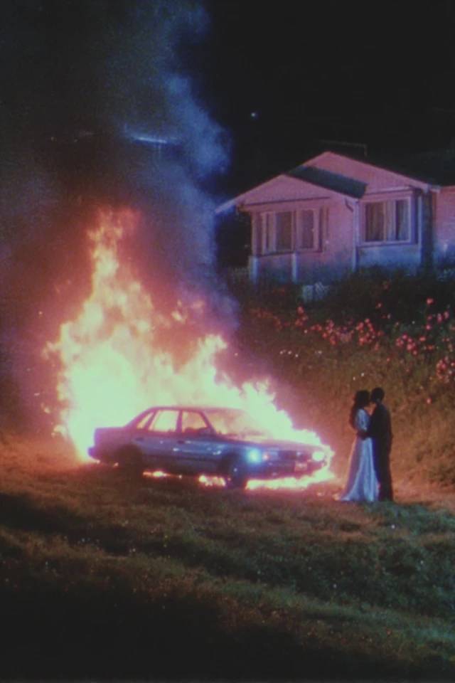 Burning Car Night Suburbs Couple
