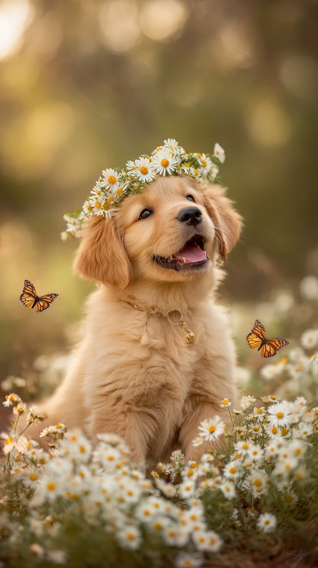 Golden Retriever Puppy with Flower Crown