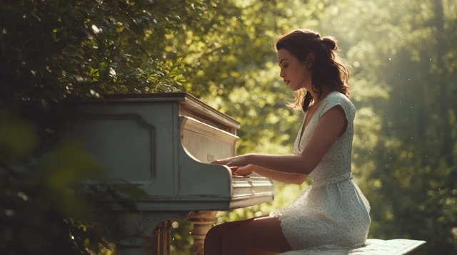 Woman Playing Piano in Spring Forest Morning Sunlight