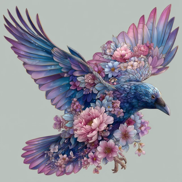 Raven Stained Glass Art with Flowers Elegant Design