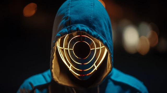 Hooded Figure with LED Target Mask at Night