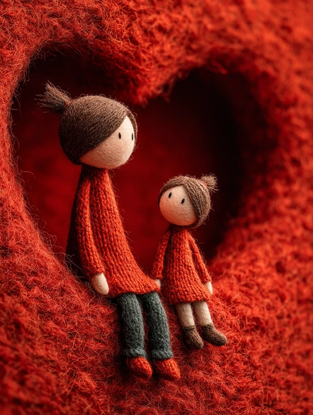 Mother and Daughter Dolls in a Wool Heart