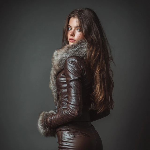 Young Woman in Leather Winter Outfit