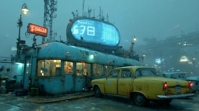 Retro Futuristic Scene Misty Streets and Neon Lights