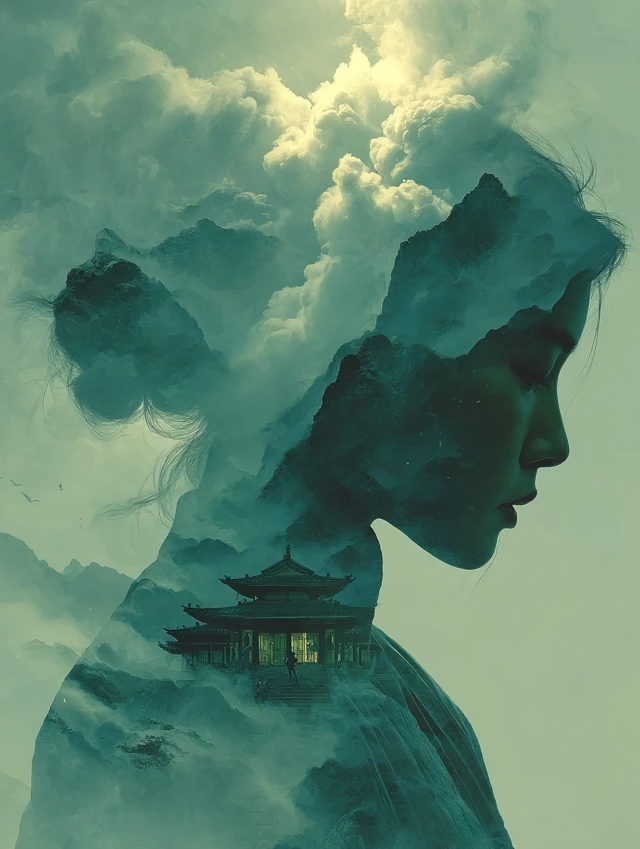 Ethereal Woman in Double Exposure Chinese Art