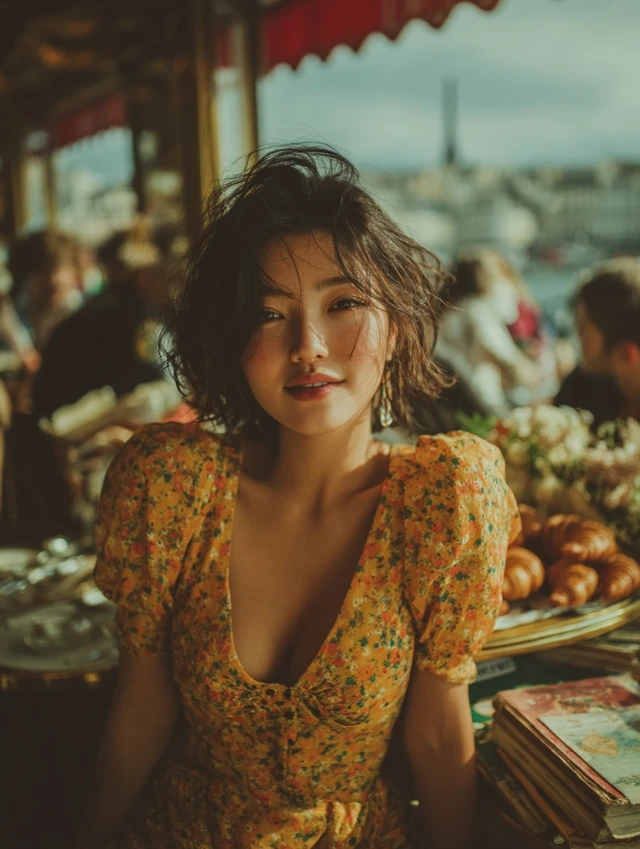 Parisian Cafe Scene Chinese Woman Croissants