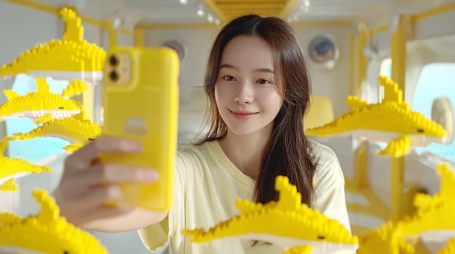 Woman Taking Selfie with LEGO Dolphins in Yellow Cabin
