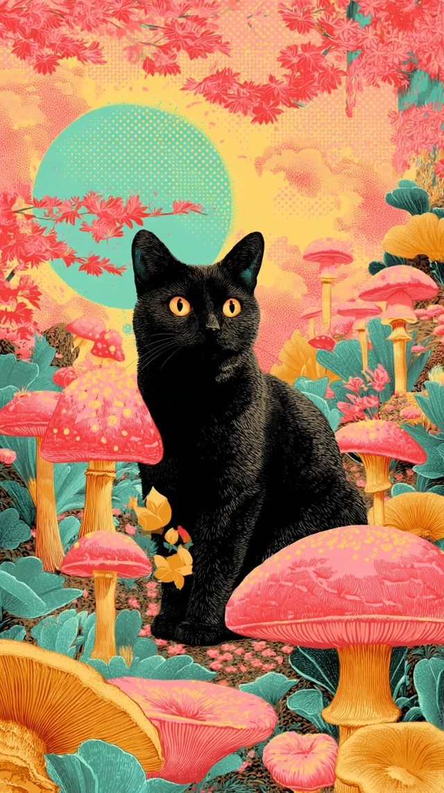 Black Cat in Psychedelic Mushroom Wonderland