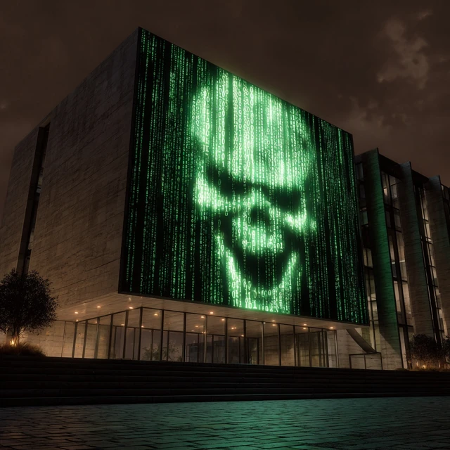 Cyberpunk Building with Green Skull Projection
