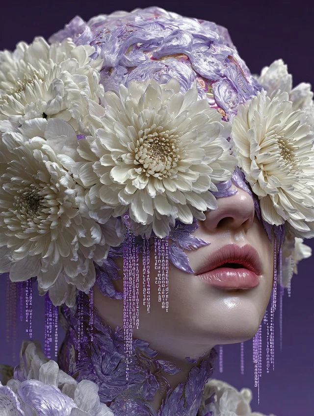Surreal Portrait Woman Petals Violet Fog